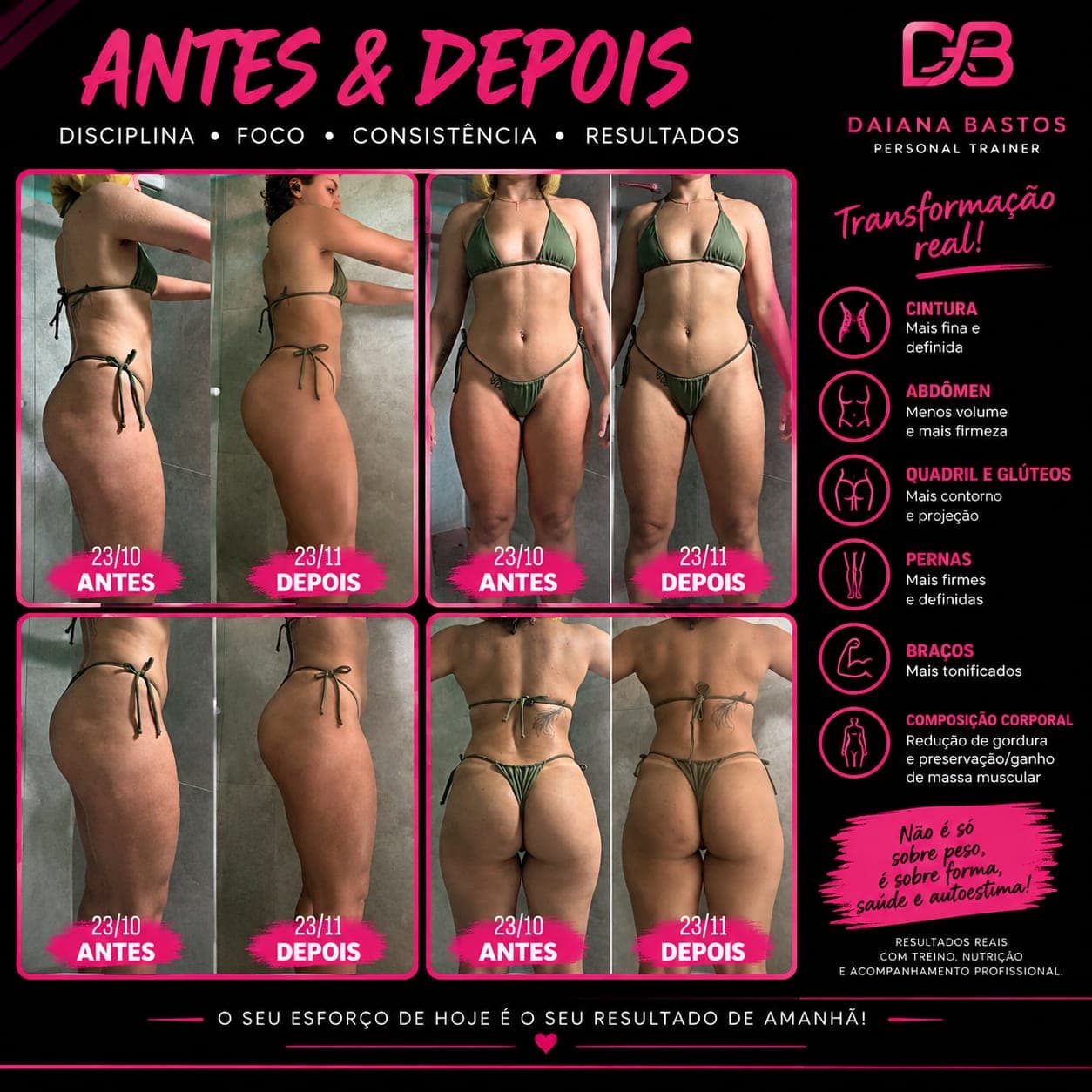 Antes e depois de aluna entre 23/10 e 23/11, em quatro ângulos: cintura, abdômen, quadril, glúteos, pernas e braços mais definidos