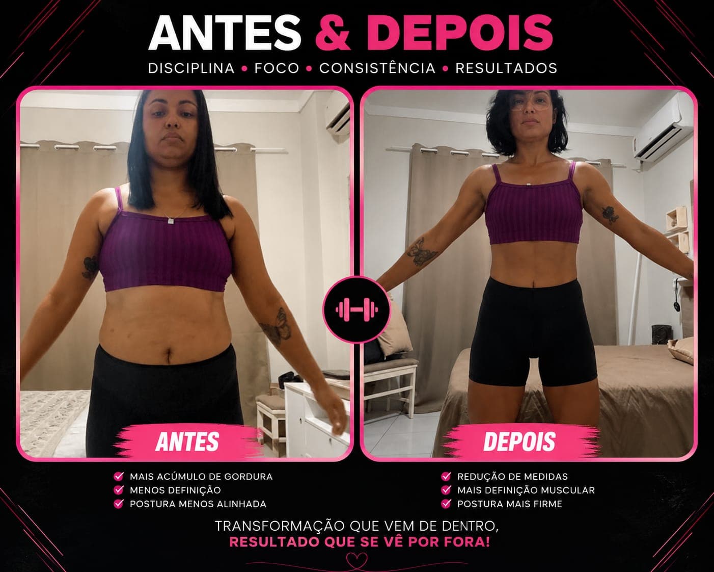 Antes e depois de aluna: redução de medidas, mais definição muscular e postura mais firme
